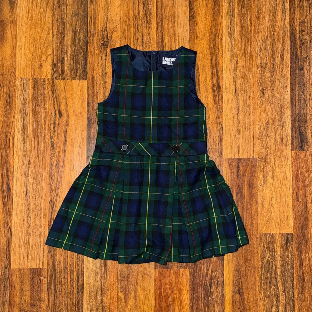 Lands End Girls Plaid Pleated Jumper Dress Navy Green School Uniform Size 5